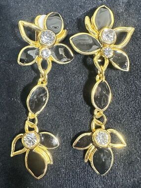 NOS: Vtg Gold Plated Open Cut Black Enamel & Glass Rhinestone Dangle Earrings